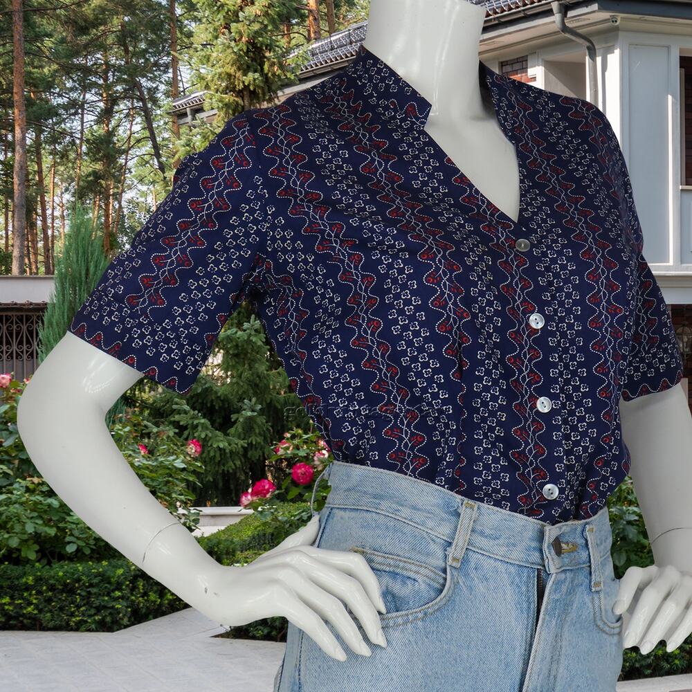 70s Vintage Button Front Vertical Floral Print Top Blouse L